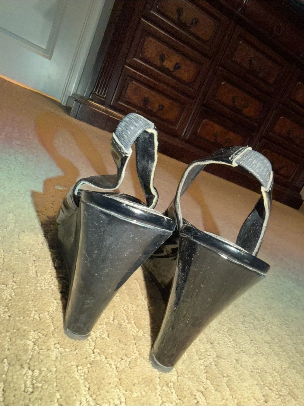 dexflex comfort Black Patent Peep Toe Slingback Wedges